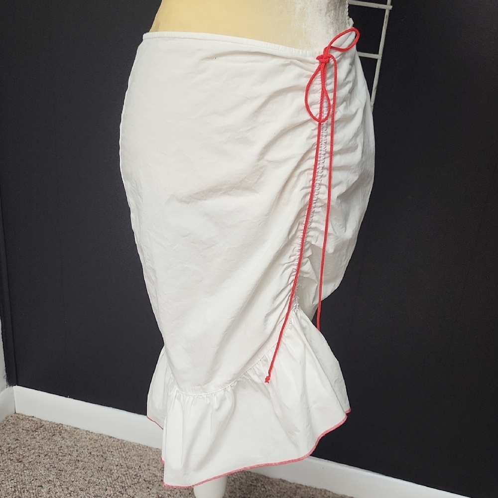 White Ruffled Midi Skirt with RED Trim & Drawstring, Size 2